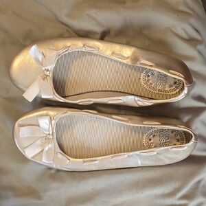 Hot Kiss gold ballerina flats with stitched ribbon and bow